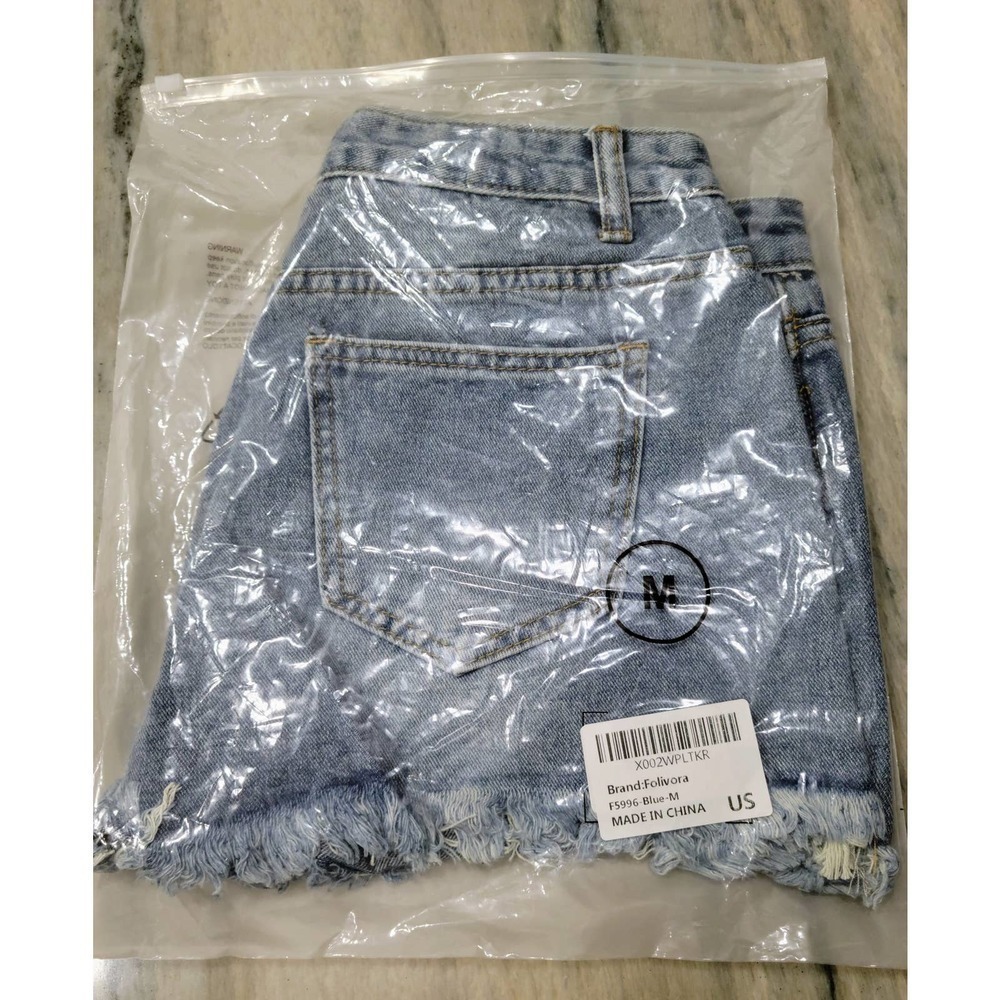 Folivora Denim Shorts Distressed Frayed Hem Blue NWT - Picture 9 of 10
